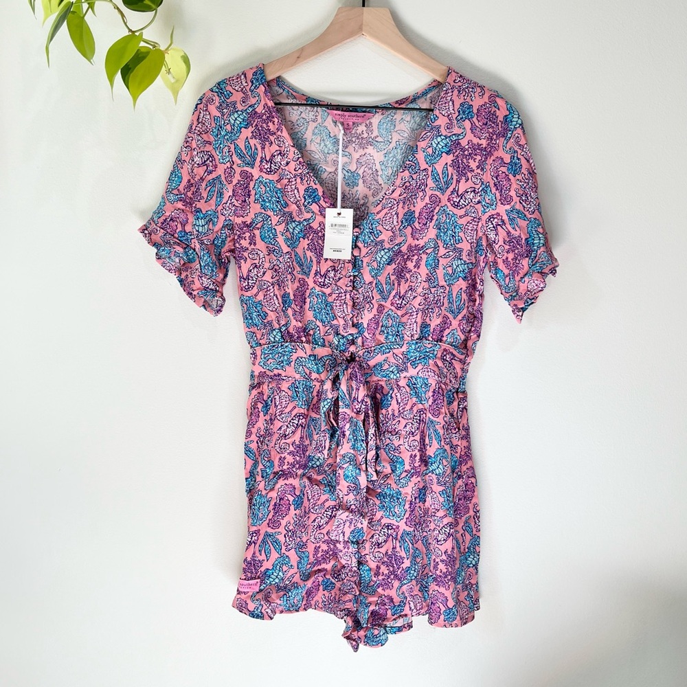 Simply Southern Seahorse Print Romper Small NWT | Coral Pink & Aqua Coastal Vibe